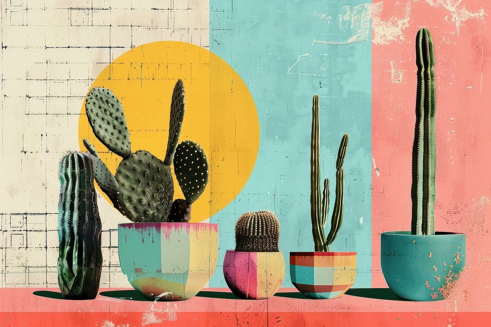 Retro collage of Cactus cactus plant houseplant.