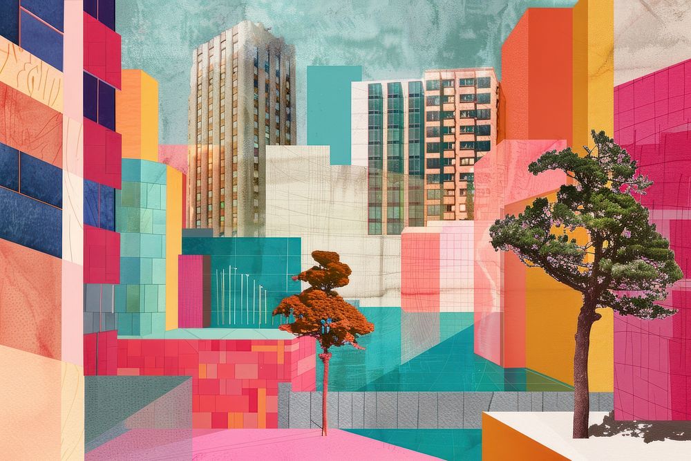 Retro collage of Cityscape city painting plant.