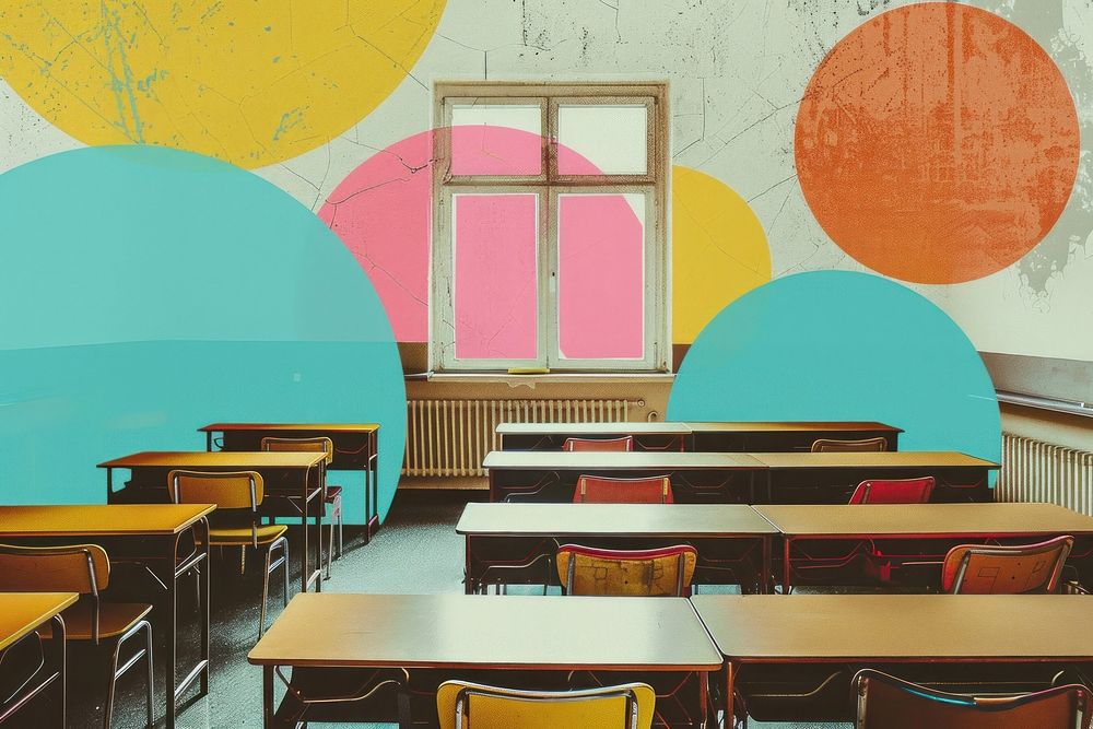 Retro collage of Classroom classroom architecture furniture.