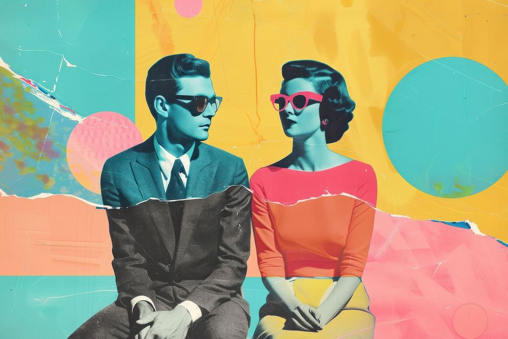Retro collage of Couple sunglasses painting portrait.