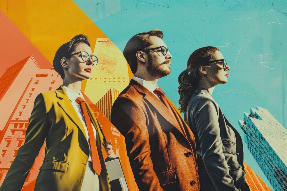 Retro collage of Diverse business team in city sunglasses painting portrait.