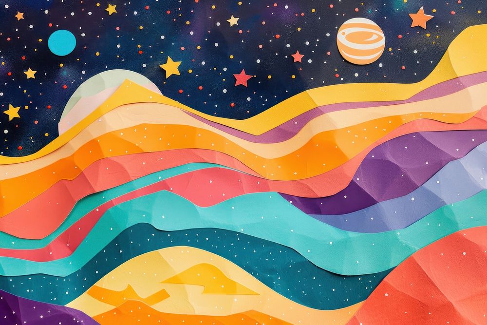 Retro collage of fantastic multicolored outer space with stars pattern paper art.