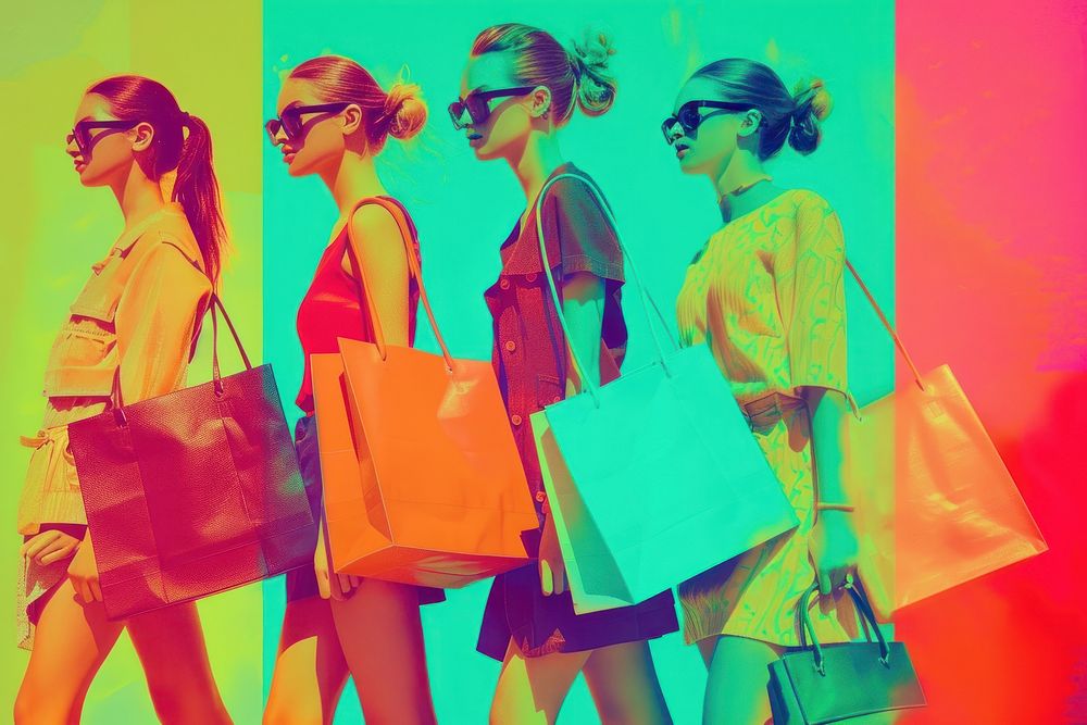 Retro collage of fashion girls with shopping bags handbag adult fun.