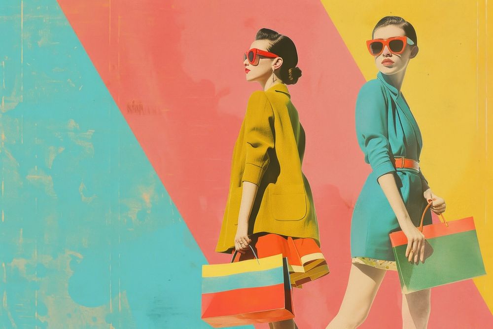 Retro collage of fashion girls with shopping bags sunglasses handbag adult.