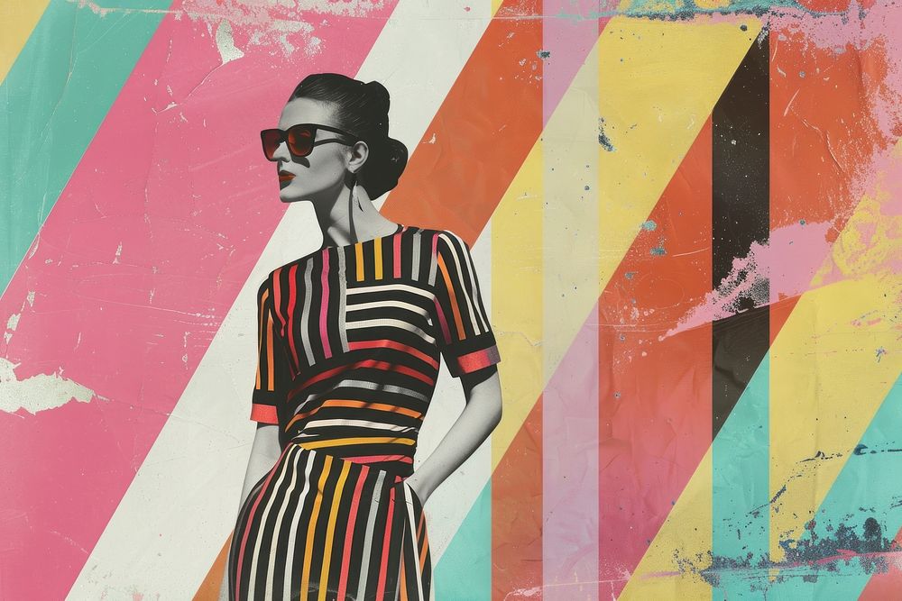 Retro collage of fashion woman in striped dress sunglasses painting adult.