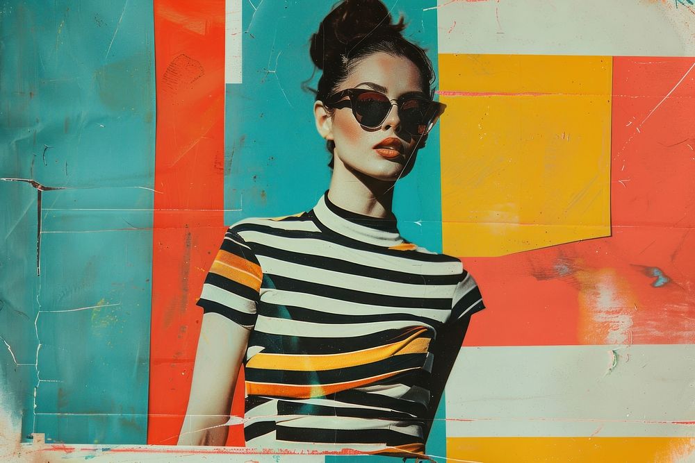 Retro collage of fashion woman in striped dress sunglasses painting portrait.