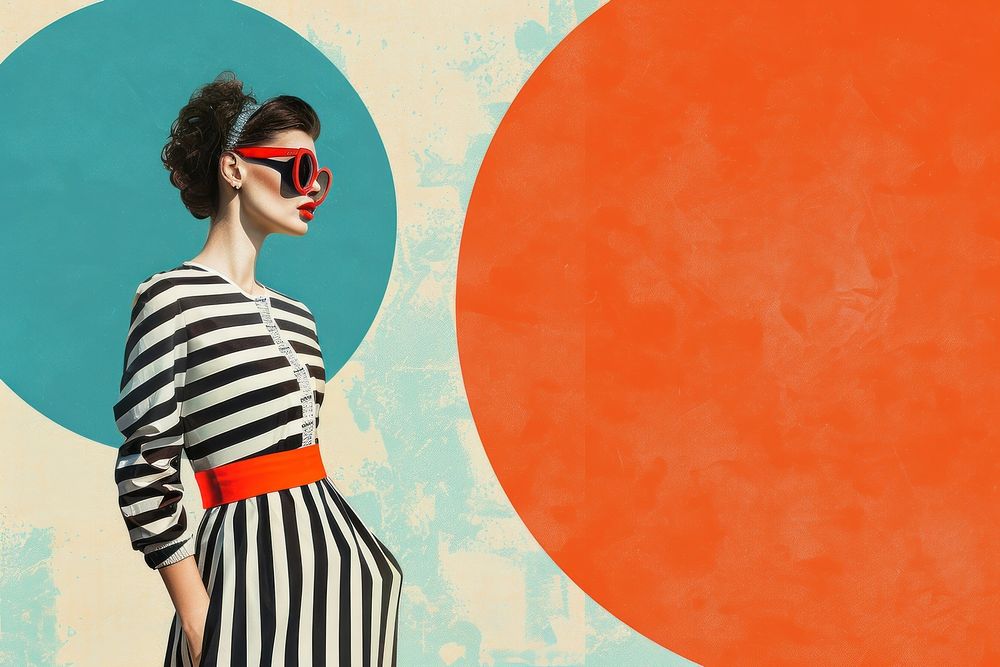 Retro collage of fashion woman in striped dress sunglasses portrait adult.