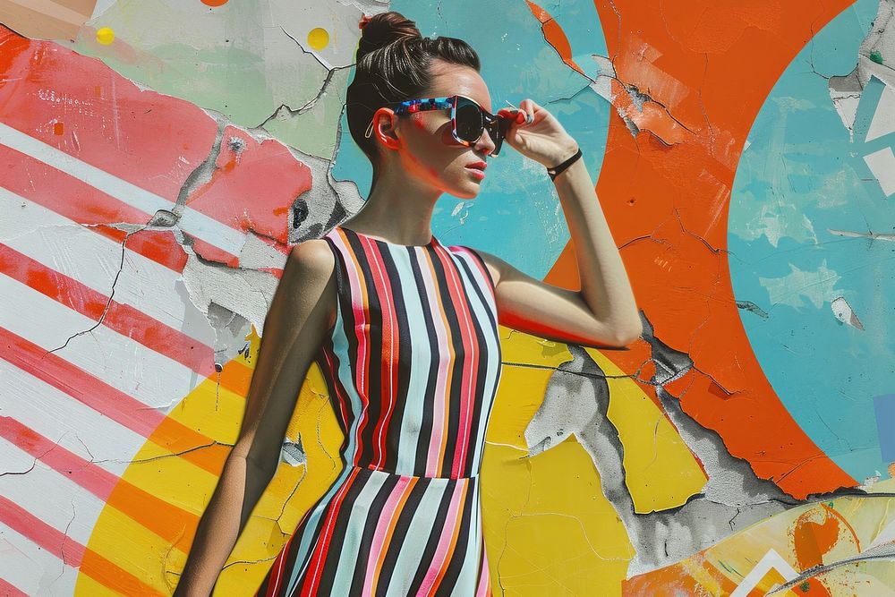 Retro collage of fashion woman in striped dress sunglasses portrait art.