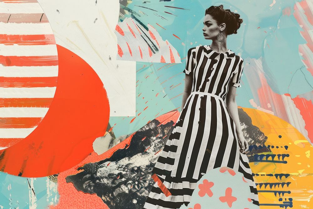 Retro collage of fashion woman in striped dress painting adult art.