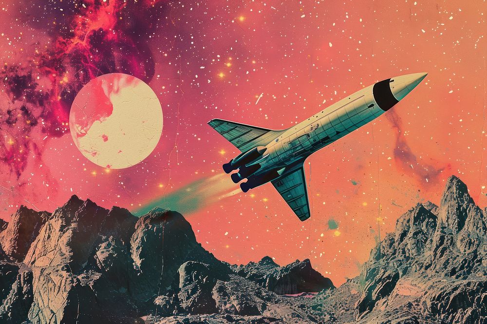 Retro collage of flight in space hyper jump aircraft airplane outdoors.