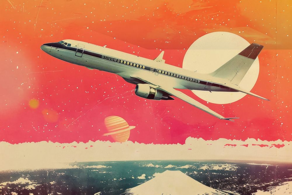 Retro collage of flight in space hyper jump aircraft airplane airliner.
