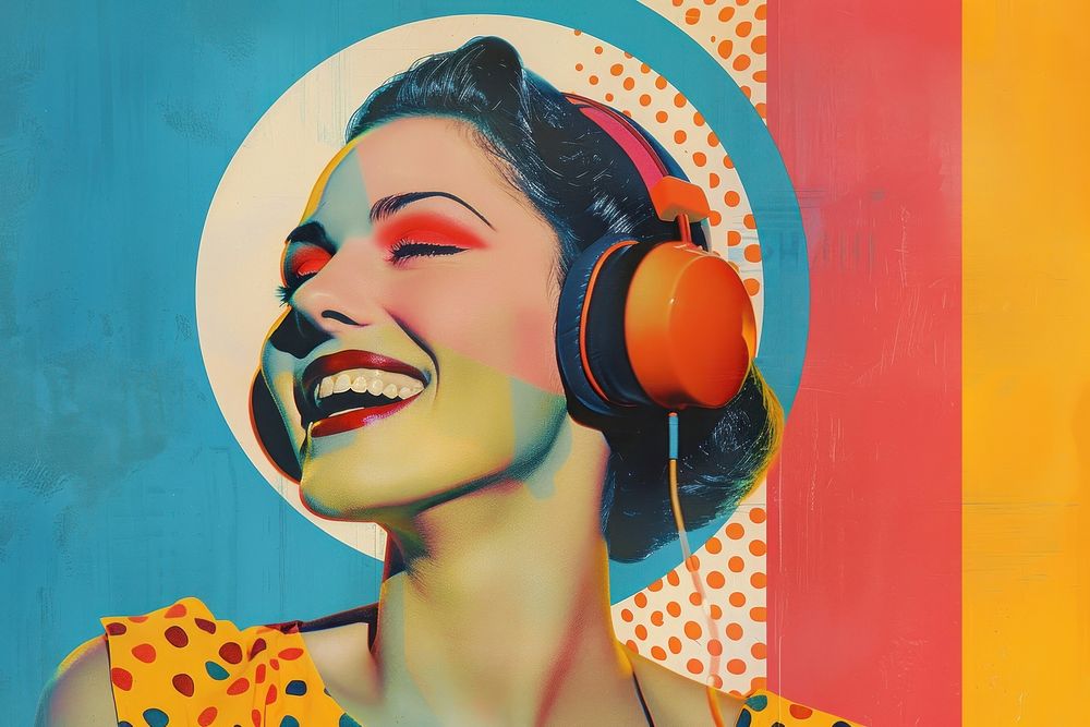 Retro collage of Happy woman wearing wireless headphones portrait adult happy.