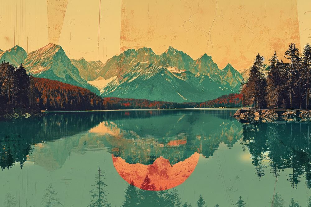 Retro collage of lake with Zugspitze mountain range landscape outdoors painting.