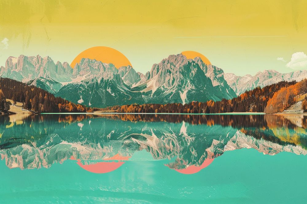 Retro collage of lake with Zugspitze mountain range landscape panoramic outdoors.