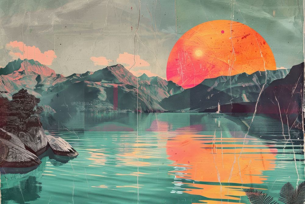 Retro collage of lake with mountain range painting outdoors nature.