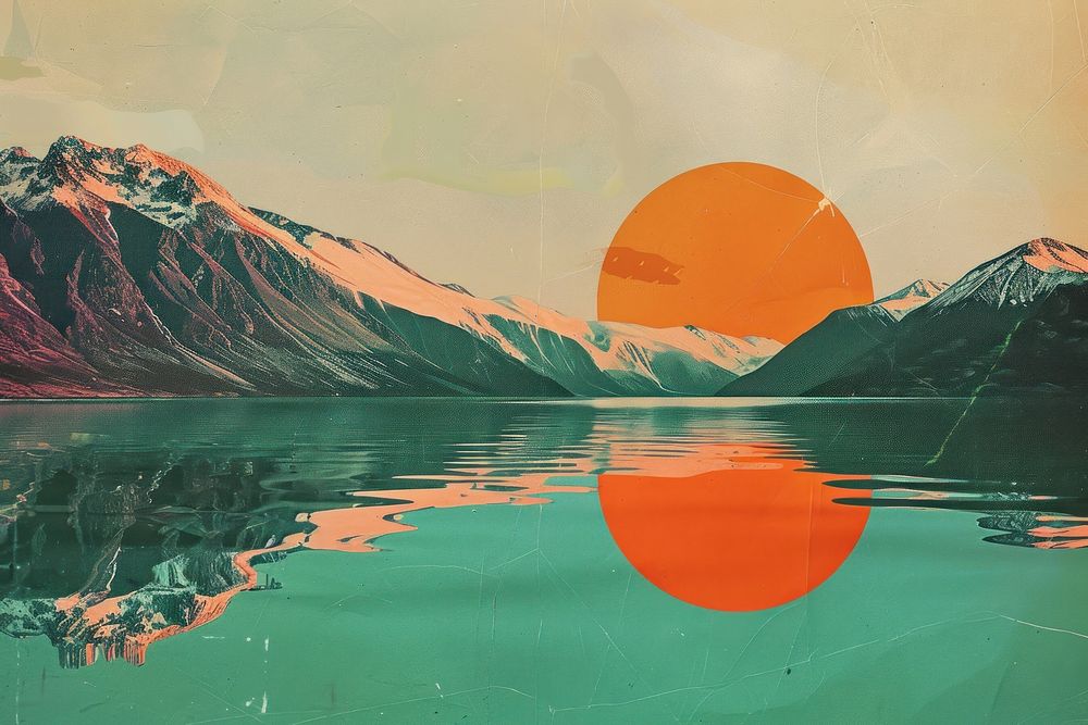 Retro collage of lake with mountain range landscape outdoors nature.