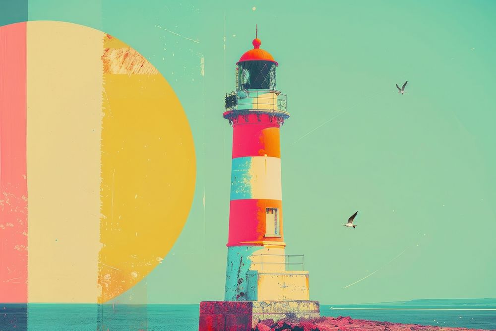 Retro collage of Lighthouse lighthouse architecture outdoors.