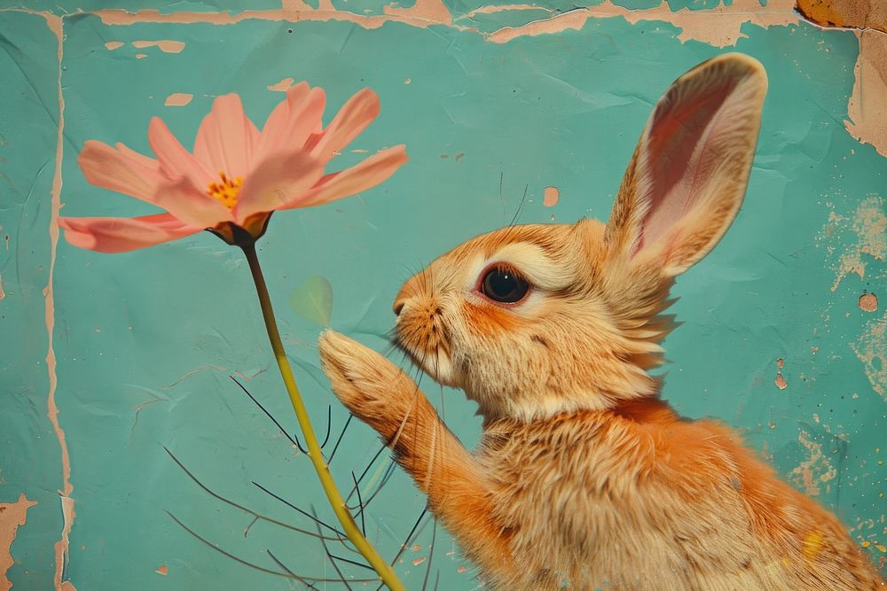 Retro collage of Little rabbit smelling a flower animal rodent mammal.