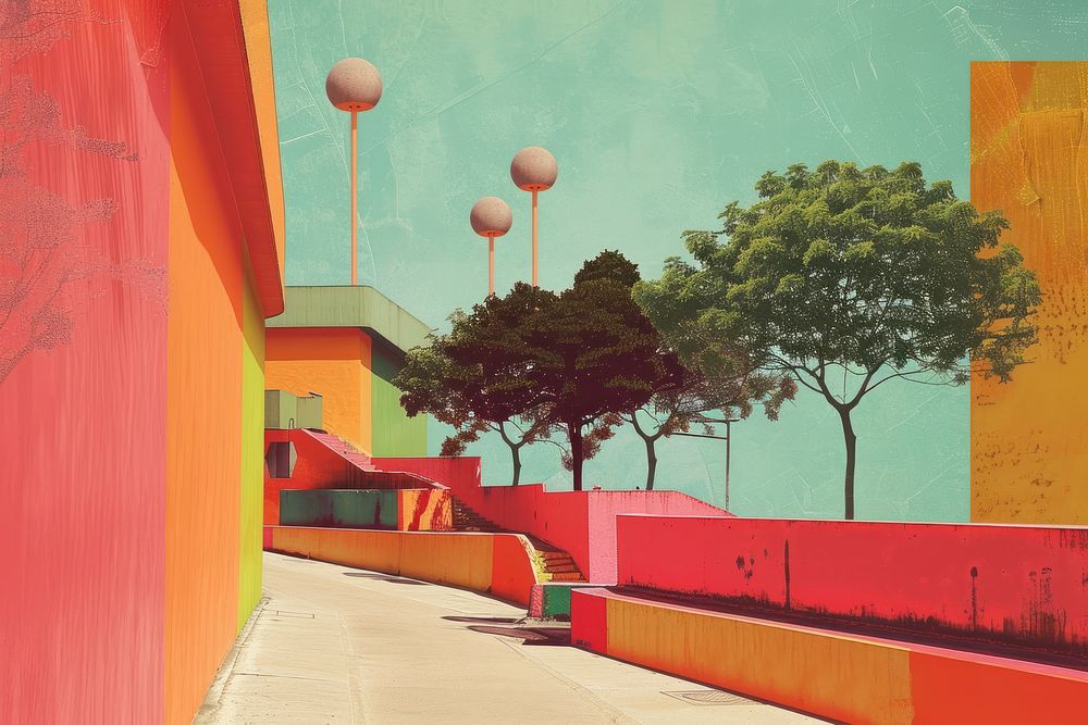 Retro collage of Park architecture outdoors painting.