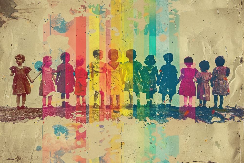 Retro collage of Rainbow group of modern children in colorful painting art togetherness.