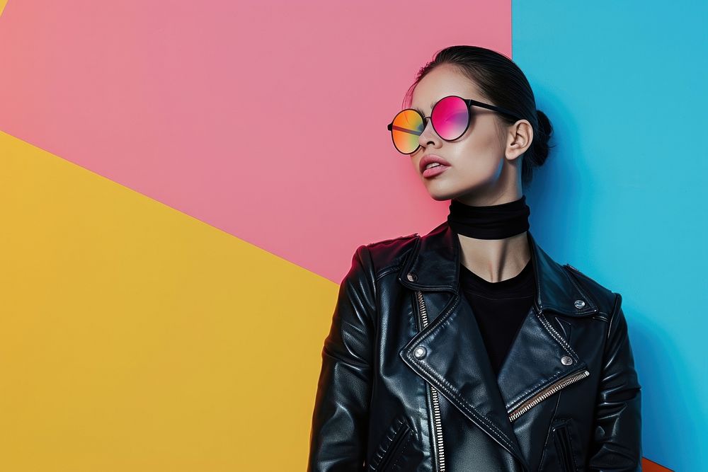 Retro collage of stylish woman posing in black leather jacket for fashion shoot sunglasses portrait adult.