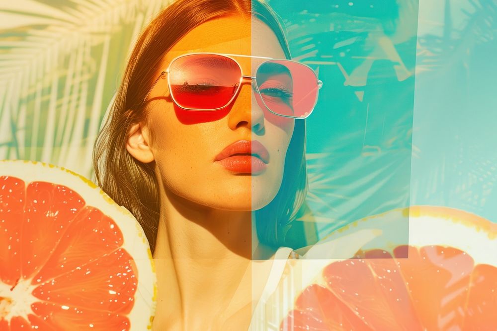 Retro collage of Summer time summer sunglasses grapefruit.