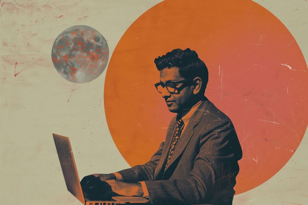 Retro collage of Smiling indian business man working on laptop portrait adult art.