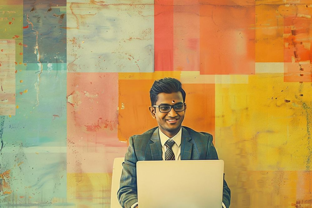 Retro collage of Smiling indian business man working on laptop computer painting portrait.