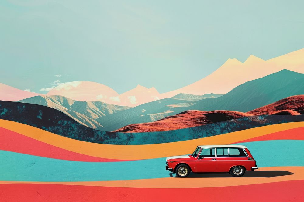 Retro collage of unexplored road journeys and adventures vehicle car art.
