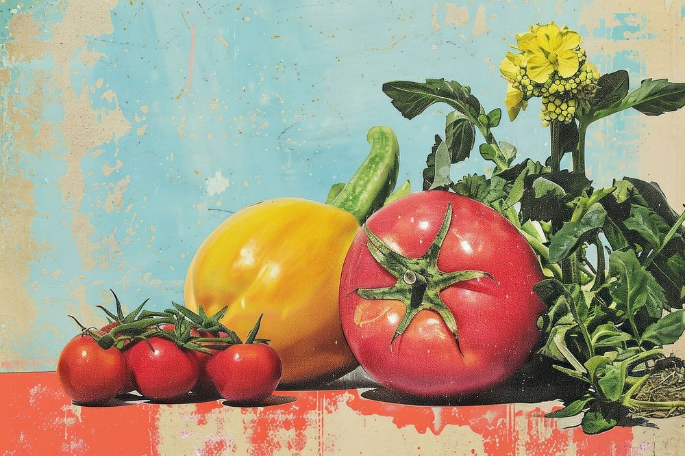 Retro collage of Vegetables vegetable tomato fruit.