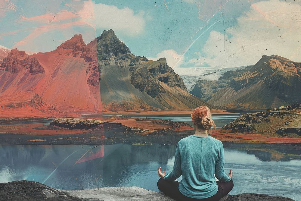 Retro collage of woman meditating in the landscapes of iceland mountain outdoors nature.