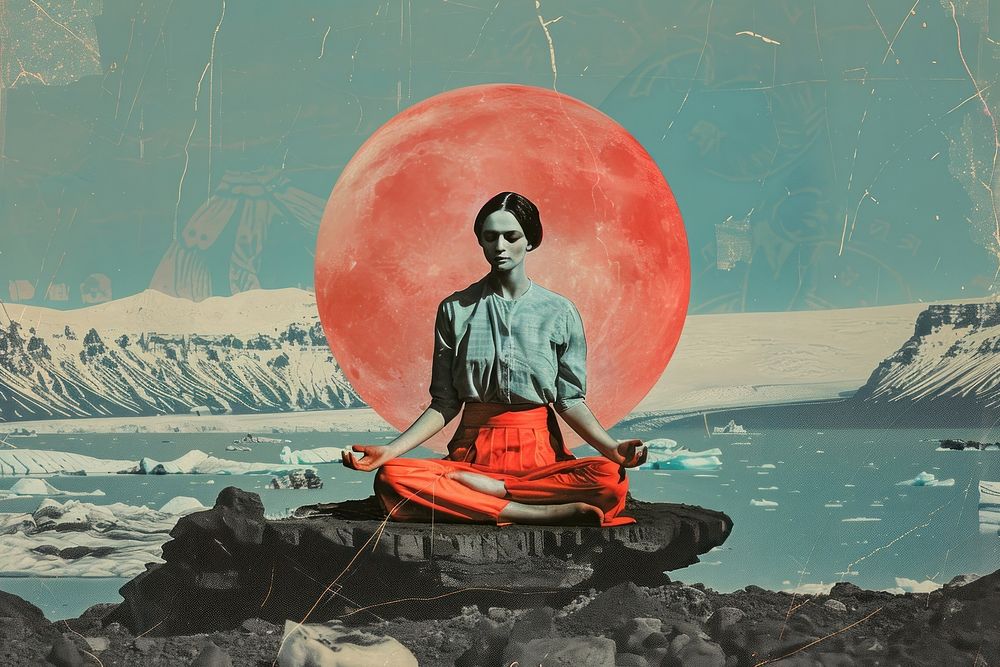 Retro collage of woman meditating in the landscapes of iceland yoga representation spirituality.