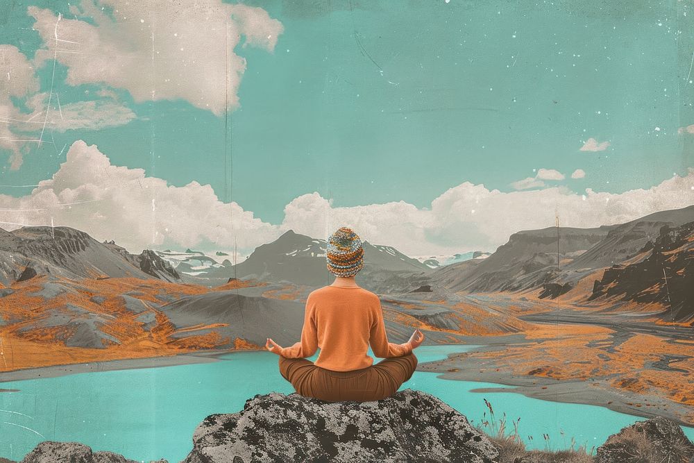 Retro collage of woman meditating in the landscapes of iceland adult yoga spirituality.