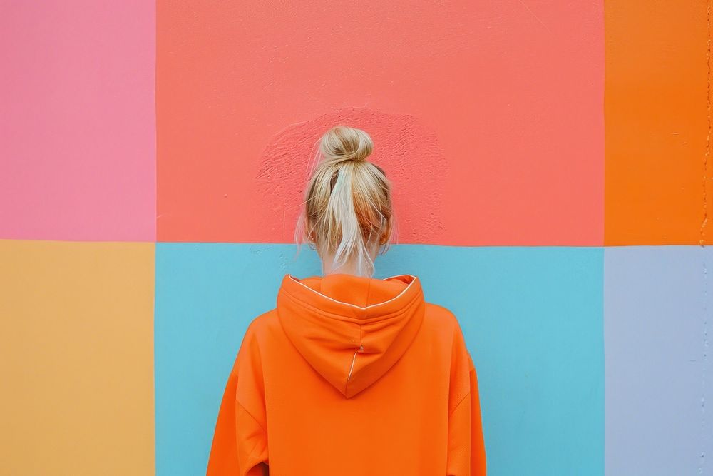 Retro collage of Young confident blonde girl wearing trendy orange hoodie architecture adult wall.