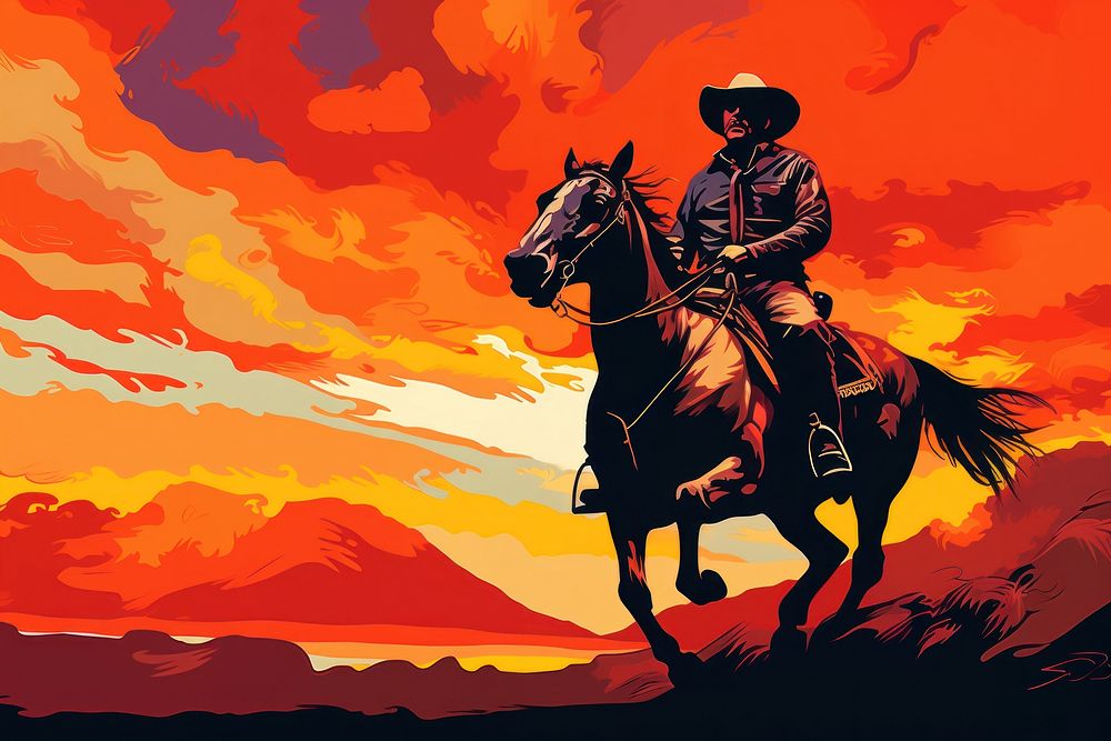 Smiling cowboy portrayed riding on his horse in the style of graphic novel outdoors cartoon mammal.
