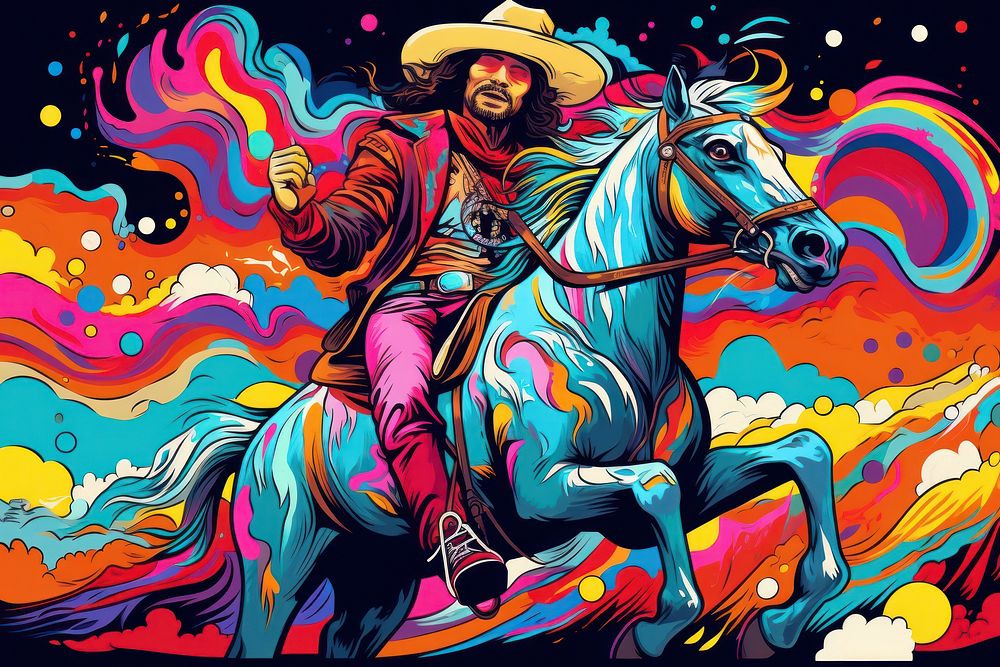 Smiling cowboy portrayed riding on his horse in the style of graphic novel painting art graphics.