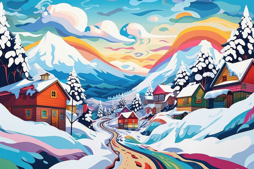 Snowy village painting art architecture.