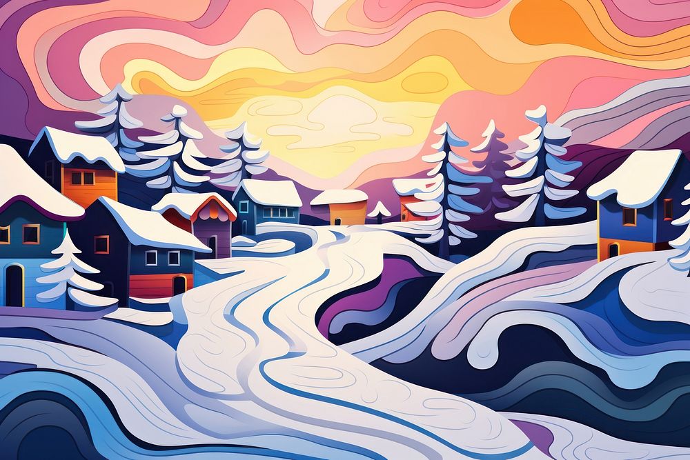 Snowy village painting art outdoors.