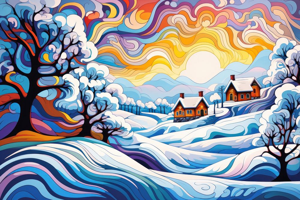 Snowy village painting art outdoors.