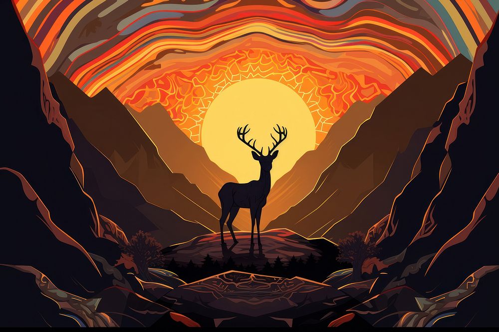 Some kind of a deer standing on top of a mountain in the style of graphic novel outdoors cartoon nature.