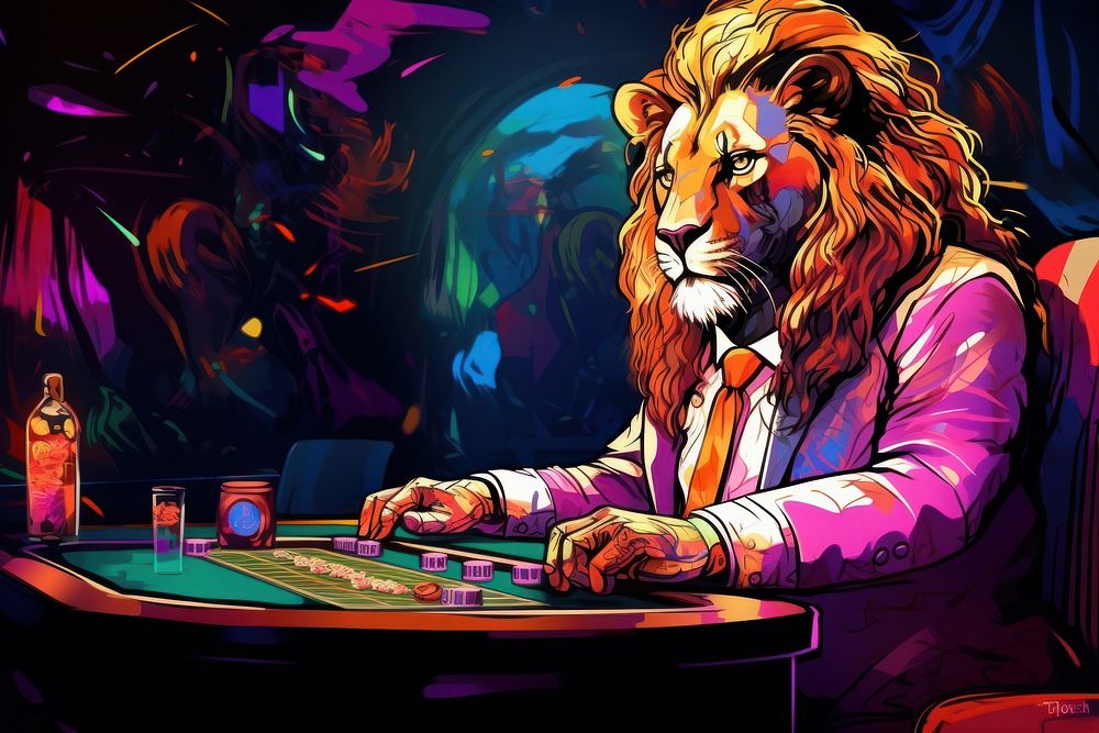 Stylish lion in a luxurious suit at the gaming table in the casino in the style of graphic novel nightlife gambling cartoon.