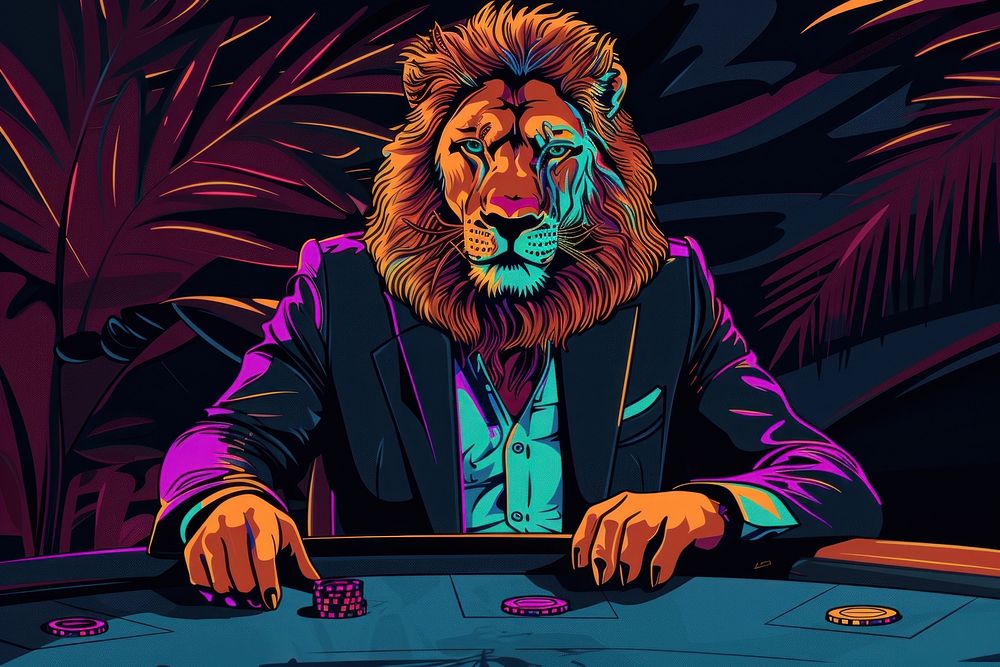 Stylish lion in a luxurious suit at the gaming table in the casino in the style of graphic novel gambling cartoon mammal.
