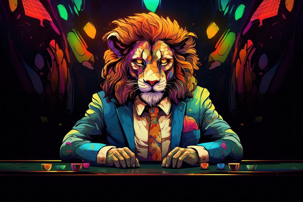 Stylish lion in a luxurious suit at the gaming table in the casino in the style of graphic novel cartoon representation…