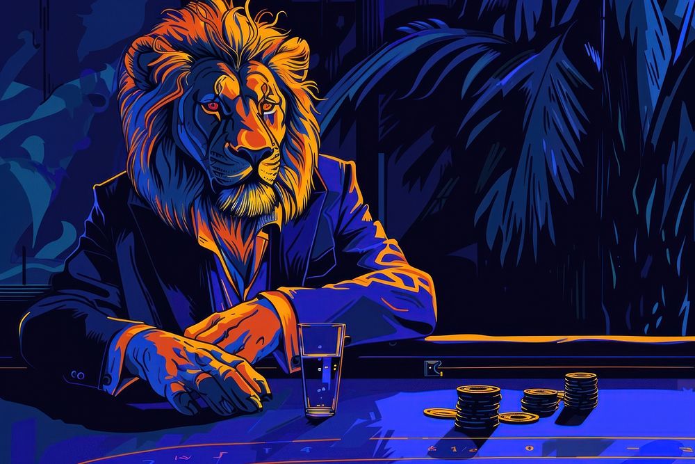 Stylish lion in a luxurious suit at the gaming table in the casino in the style of graphic novel cartoon mammal game.
