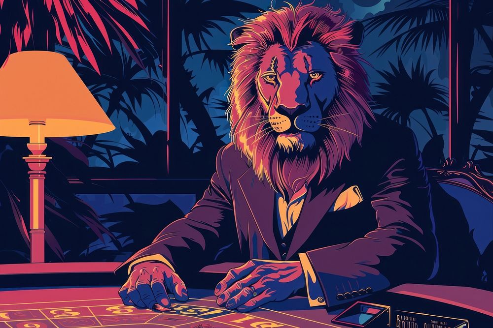 Stylish lion in a luxurious suit at the gaming table in the casino in the style of graphic novel cartoon mammal adult.