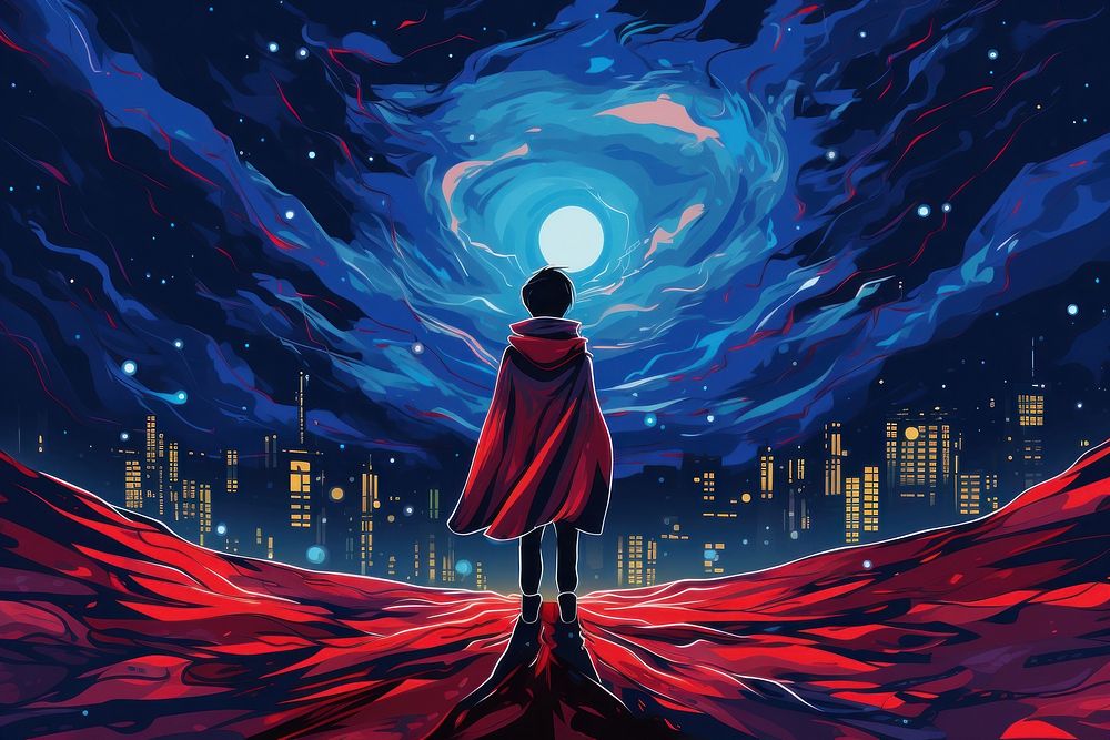 Superhero kid with red cape standing in the city at night superhero cartoon adult.
