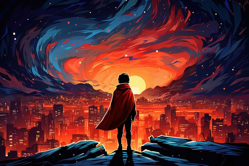 Superhero kid with red cape standing in the city at night cartoon adult architecture.