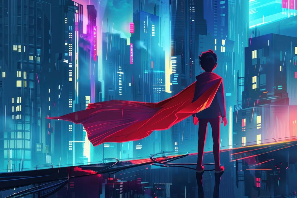 Superhero kid with red cape standing in the city at night cartoon superhero anime.