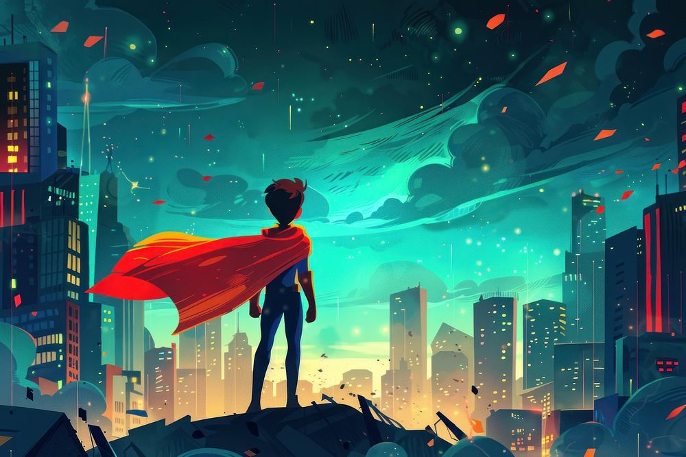 Superhero kid with red cape standing in the city at night graphics cartoon architecture.