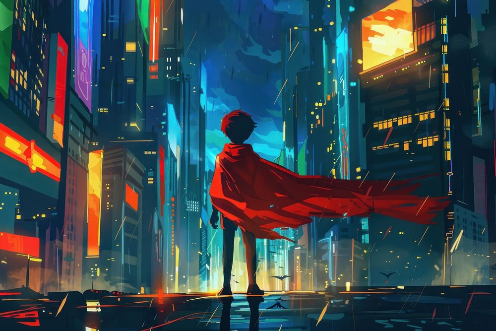 Superhero kid with red cape standing in the city at night cartoon architecture illuminated.